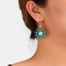 Vintage Jewelry Antique Silver Hollow out Blue Turquoise Flower Dangle Earrings Silver Earrings price