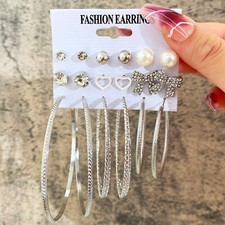 9 pairs Women Silver Hoop Dainty Rhinestone Pearl Heart Bow Stud Earrings set Silver Earrings price