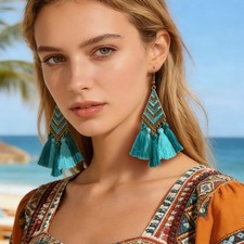 Ethnic Boho Geometric Blue Tassel Charm Dangle Earrings Summer Beach Vacation Costume Earrings price