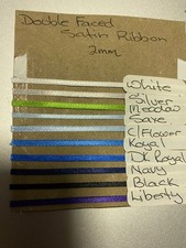 Double Faced Satin Ribbon, 2mm wide. 9 fashionable colours, price per metre. Ribbons price