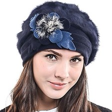 Women's French Beret Navy Blue Wool Angora Floral Dress Beanie Winter Hat Fuzzy Women's Beanie price