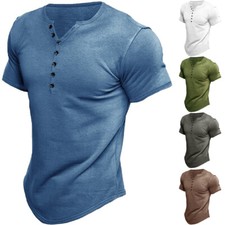 Men's Plain Short Sleeve Henley T Shirt Casual Pullover Loose Tops Shirts Tee AU Men's T-shirt price