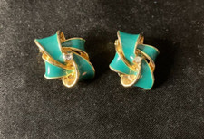 CLIP-ON EARRINGS: YELLOW GOLD COLOURED W GREEN ENAMEL W/ WHITE STONE IN MIDDLE Coloured Stone Earrings price