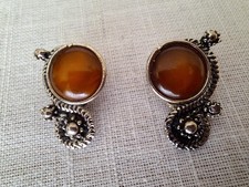Pair of Vintage Clip On Earrings Amber Coloured Stone - GUC Coloured Stone Earrings price