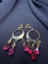 Vintage Clip-on earrings - Gold Coloured Dangly Earrings with Pink Glass Stones Coloured Stone Earrings price