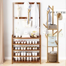 Bamboo Entryway Shoes Storage Rack Coat Hanger Standing Shelf Hall Tree Hooks AU Hall Tree price