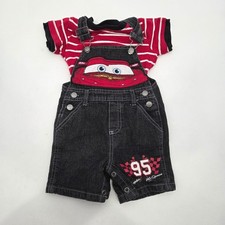 VTG Disney Baby SZ 12M Cars Lightning McQueen Denim Set Overall Shirt OG Dark Baby Shirt price