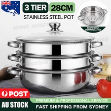 3 Tier Stainless Steel Steamer Meat Vegetable Cooking Steam Pot Kitchen Tool AU Steam Cookers price