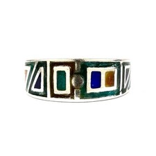 925 Sterling Silver Ring Band W/ Coloured Enamel - Size O - Vintage 1980s Coloured Stone Ring price