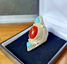 Vintage Antique Tibetan Ring - Carnelian/Coral and Turquoise Coloured Stones Coloured Stone Ring price