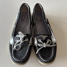 Sperry Top Sider women's black silver leather boat shoes slip-on flat Size 7 sea Women's Boat Shoes price
