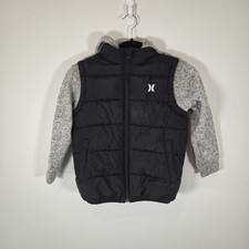 Hurley Boys Size 7 Gray Hybrid Puffer Jacket Vest Fleece Sleeve Hooded Full Zip Boys' Coat price