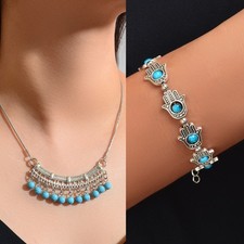 Jewellery set Silver Chain Blue Beads Geometric Pendant Necklace Hand Bracelet Shahmeran Bracelet price