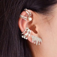 9 pcs Trendy Imitation Pearl Decor Silver Ear Cuff Wrap Cartilage Earrings set Pearl Earrings price