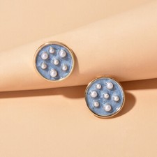 Stylish Jewellery Pearl Decoration Blue White Enamel Round Small Stud Earrings Pearl Earrings price