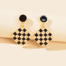 Retro Pearl Decor Black Enamel Checkerboard Gold Square Dangle Party Earrings Pearl Earrings price
