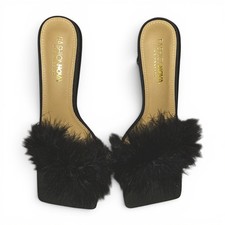 Fashion Nova Honeymoon Blk Square Toe Feathers Clear Wedge Strap Size 10 Wedge Heels price