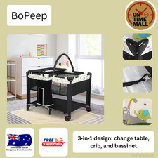 BoPeep 3‑in‑1 Baby Cot Bassinet Change Table Portable Crib Mesh Sides Wheel Blk Baby Cot price