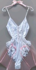 VTG iNNER MOST SATiN FRiLLY RUFFLE LACE BODYSUiT TEDDY LiNGERiE BOWS & PEARLS Inner Bodysuit price