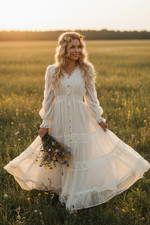 Size s/m VTG Style Gown Gallery Wedding Dress White Lace Long Sleeve #24822 Wedding Dress price