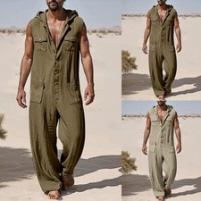 Mens Cotton Blend Hooded Jumpsuit Pockets Casual Loose Romper Pants Trousers AU Men's Jumpsuit price