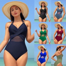 New Women's full-piece swimsuit Swimsuit control belly solid color mesh bikini Modest Swimwear price