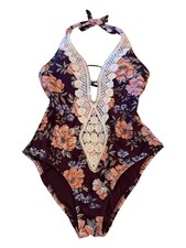 Kona Sol Burgundy Floral Halter One-Piece with Cream Crochet small Modest Swimwear price