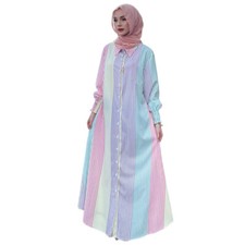 Women Stripes Print Long Sleeve Shirt Dress Kaftan Muslim Abaya Casual Robe Gown Abaya price