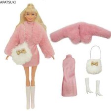 Pink Faux Fur Coat Clothes Set For 11.5" Doll Outfits Dress Bag Boots Shoes 1/6 Girls' Clothing Set price