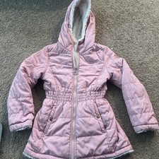 DKNY Girls Med 10/12 Pink Jacket Nylon Puffer Sherpa Lined Reversable Preowned Girls' Jacket price