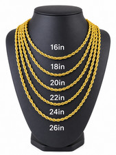 Stainless Steel Gold Plated  Rope Chain Necklace 4mm Size 16" to 26" Unisex, Men Gold Necklace price