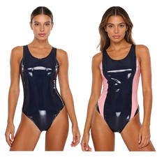 Women WetLook PU Leather Swimsuit Monokini Crew Neck Backless Bodysuit Beachwear Monokini price
