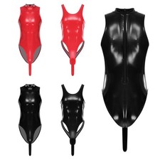 Men's Sleeveless Glossy Pu Bodysuit Mock Neck Pouch Bodycon Lingerie Leotard Men's Bodysuit price
