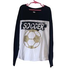 Justice Girls Soccer Long Sleeve Shirt Black White Gold Sparkle Size L (12/14) Girls' Shirt price