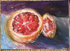 ACEO PRINT Juicy Ruby Grapefruit, Oil Pastel Still Life Painting 3.5x2.5 in Pastel Paint price