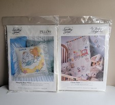 Vtg Cross Stitch Baby Blanket & Pillow Kit Gift Set Circus Train / Sleeping Bear Baby Safe Sleep Pillow price