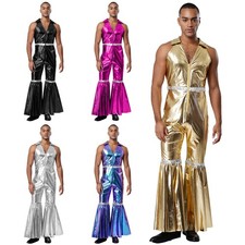 Mens Jumpsuit Sleeveless Disco Costume Dancing Bodysuit Bell Bottom Pants 70S Men's Costume price