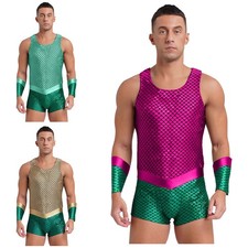 Men's Halloween Sea King/Sea God Costume Fish Print Bodysuit with Arm Sleeves Men's Costume price