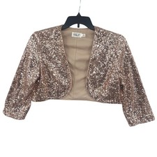 Eliza J Glam Sequin Bolero Size M Rose Gold Cropped 3/4 Sleeve Shrug Open Front Bolero price