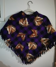Girls Back & Purple Pony Print Plaid Poncho 23x28 6" Diameter Opening Handmade Girls' Poncho price