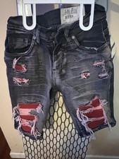 Evolution in design black distressed denim shorts with red patches, Boys size 12 Boys' Shorts price