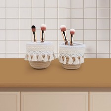 Two Piece Round Woven Storage Basket for Makeup Brushes and Desktop Accessories Makeup Brushes and Accessories price