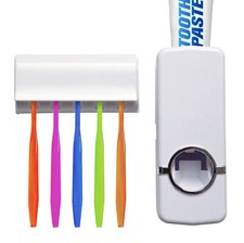 Toothpaste Dispenser + 5 Toothbrush Holder Automatic Wall Mount Stand Bathroom Baby Toothpaste price