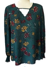 Maurice’s Blouse M Green Floral Lattice V-neck Long Sleeve Smocked Cuff Boho Blouse price