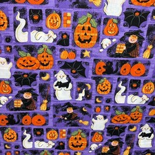 Halloween Cotton Fabric Purple with Cute Witches Ghosts Pumpkins Cats Sold by Yd YDS price