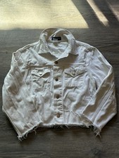 American Apparel White Denim Jacket S Cropped Button Front Pockets Embroidered Women's Coat price