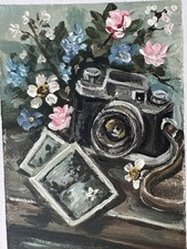 ACEO Original Fine Art Print "The Static Flash" Vintage Camera Flower Miniature Paints price
