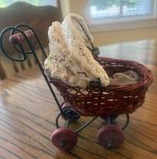 Miniature Wicker Doll Stroller Pram Red Wood Wheels Metal Frame Lace Canopy 5x6 Stroller-Pram Canopy price