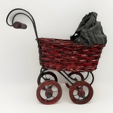 Miniature Wicker Baby Doll Stroller Pram Burgundy Red Wood Wheels Folding VTG Stroller-Pram Canopy price