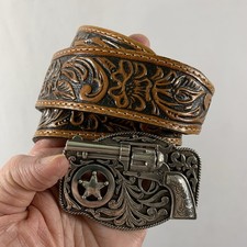 Justin Kids Genuine Tooled Leather Gun Buckle Belt Size 22 Western Cowboy Rodeo Kids' Belts price